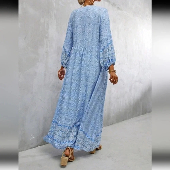 Allover Print Tie Neck Lantern Sleeve Dress - Picture 4 of 6